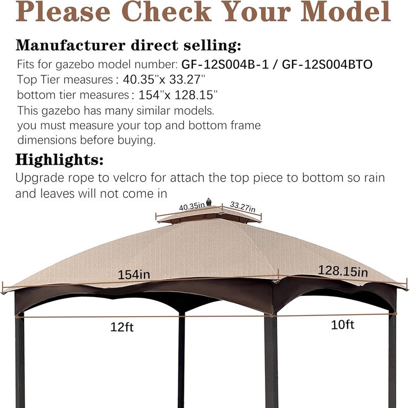 SCOCANOPY Light Beige Ripstop Replacement Top for Lowe's Allen Roth 10X12 Gazebo Model #GF-12S004B-1/ GF-12S004BTO - Image 2
